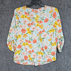 West Kei Womens L Light Blue Multicolor Floral V-Neck Roll Tab 3/4 Blouse NWT